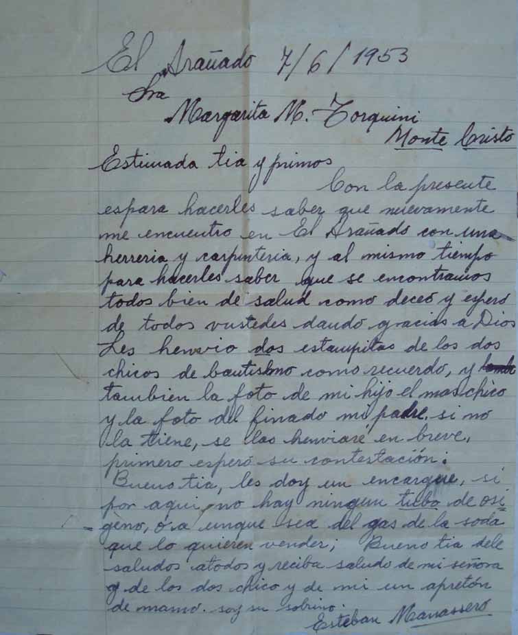 Carta de Esteban Manassero a sus tia Margarita Manassero