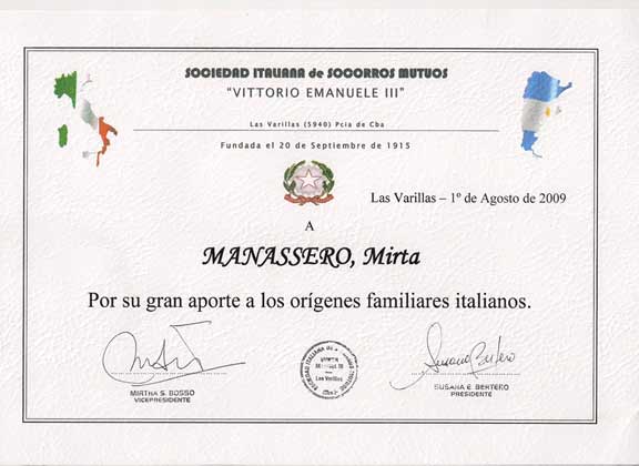 Diploma a Mirta Manassero (ao 2009)